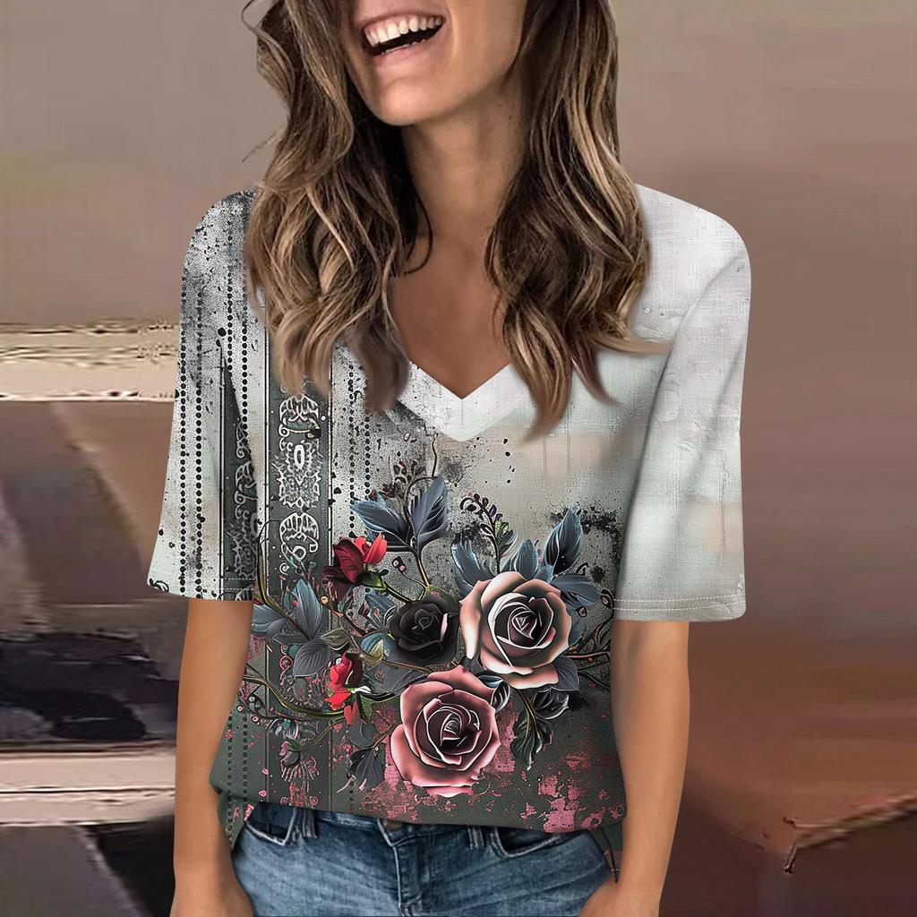 Рубашки для женщин, модные футболки с v-образным вырезом, повседневные летние футболки с принтом, футболка, блузка, топы с короткими рукавами для женщин