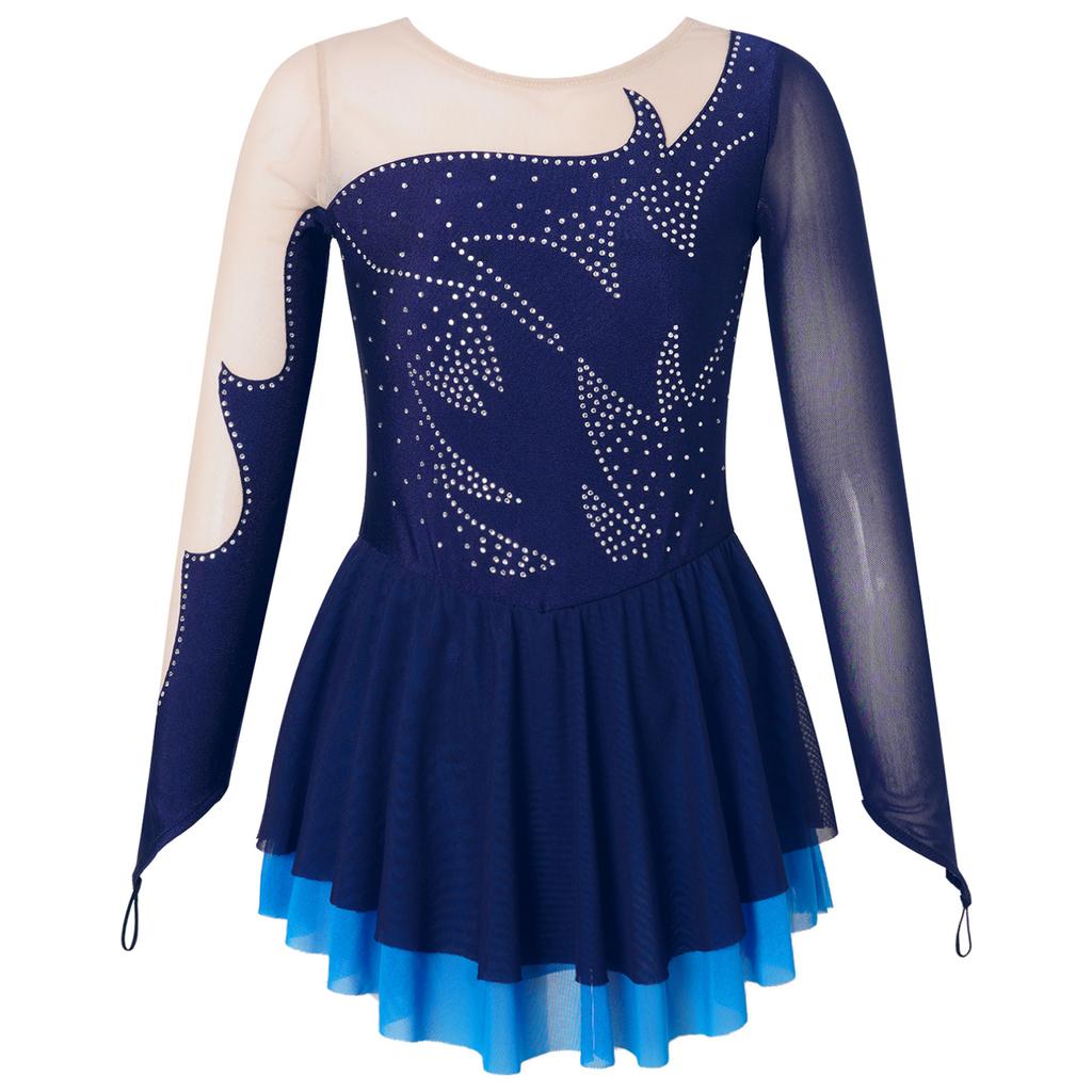 Детское платье с длинными рукавами и стразами для девочек, платье для фигурного катания на коньках, прозрачное сетчатое платье с замочной скважиной на спине, танцевальное трико, одежда для танцев