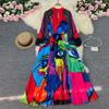 YYFS Женская мода весна осень цветочный узор принт длинный рукав О-образный вырез высокая талия повседневные платья