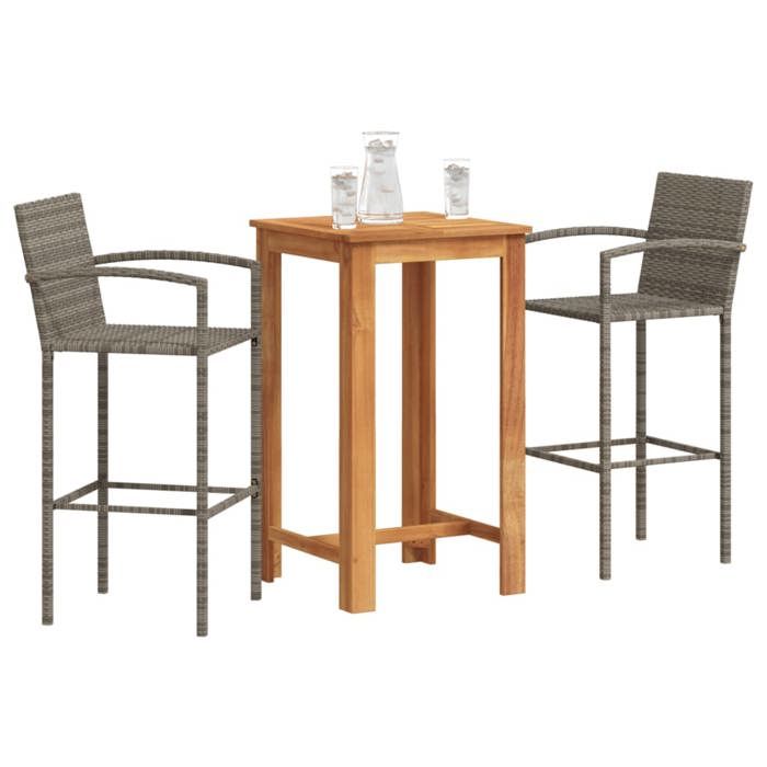 VidaXL Ensemble de bar de jardin 3 pcs gris bois massif acacia rotin, table et chaises de bar d'extérieur, ensemble de 3295274