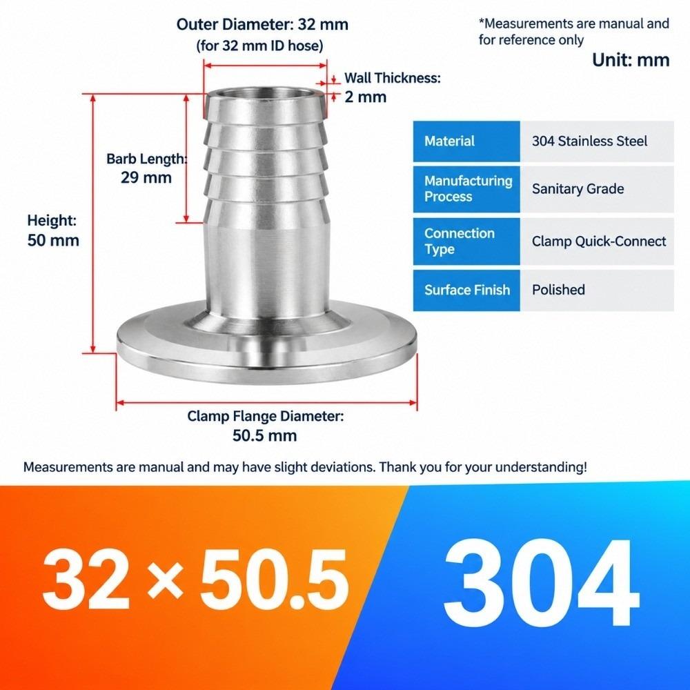 304 Stainless Steel Sanitary Hose Adapter 6-51mm Barb Ferrule Hose Fitting Food Processing