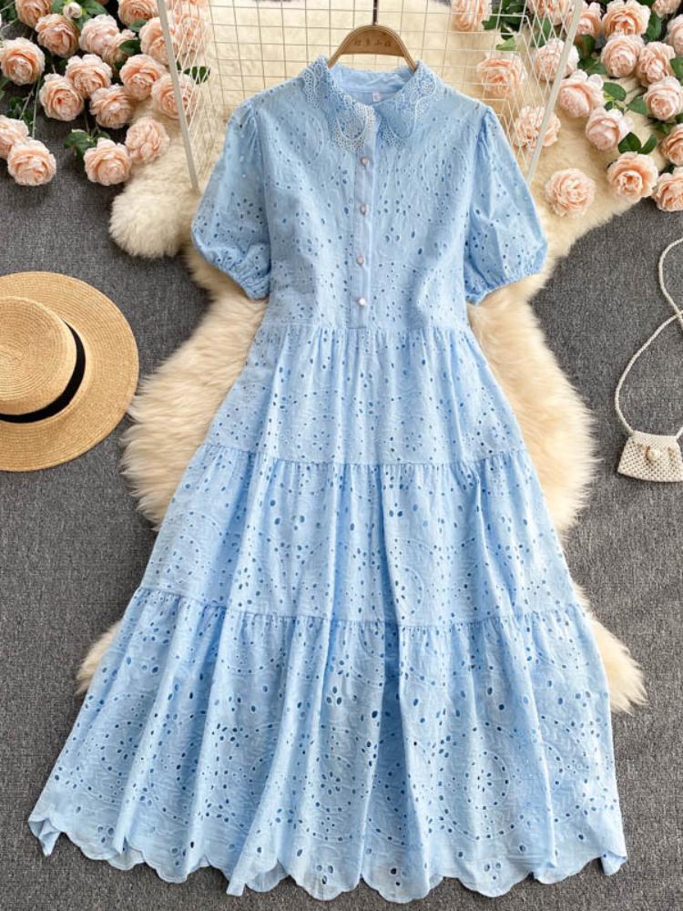 New Elegant Hollow Out Embroidered Polo Bubble Sleeves Loose Bohemian Vacation Dress Womecasual Dresses for Women