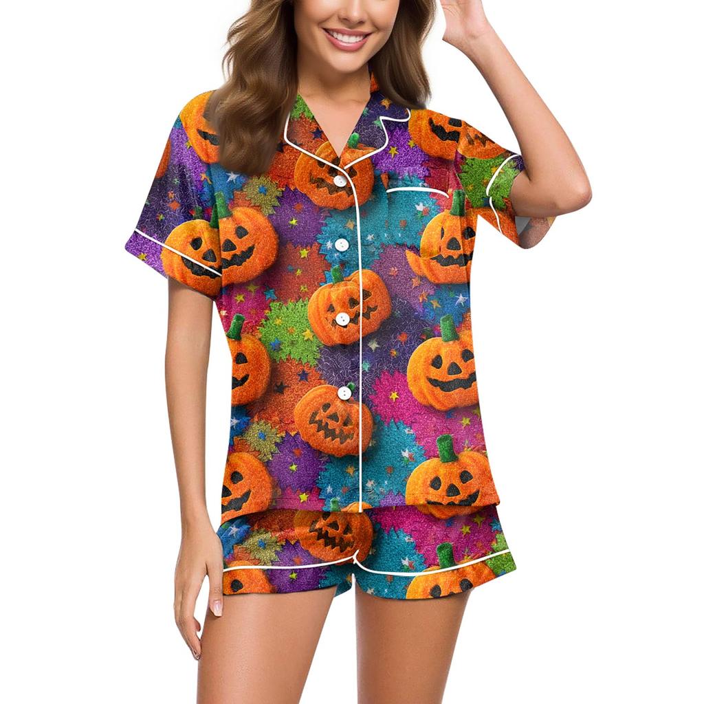 Женский повседневный модный домашний костюм с принтом на Хэллоуин, с коротким рукавом