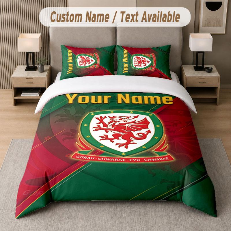 Custom Bedding Set Wales Rugby Pattern, Print Name Text 1 Duvet Cover plus 2 Pillowcases Home Textile