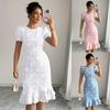 Women Summer Short Sleeve Embroidery O Neck Solid Color Ruffles One Piece Dress