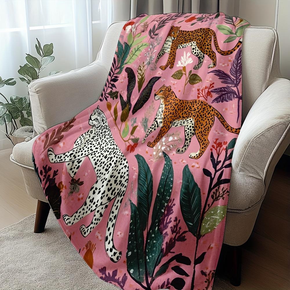 Pink Background Leopard Tropical Plant Flannel Throw Blanket Wild Animal Floral Print Soft Cozy Blanket Sofa Bedroom Decor