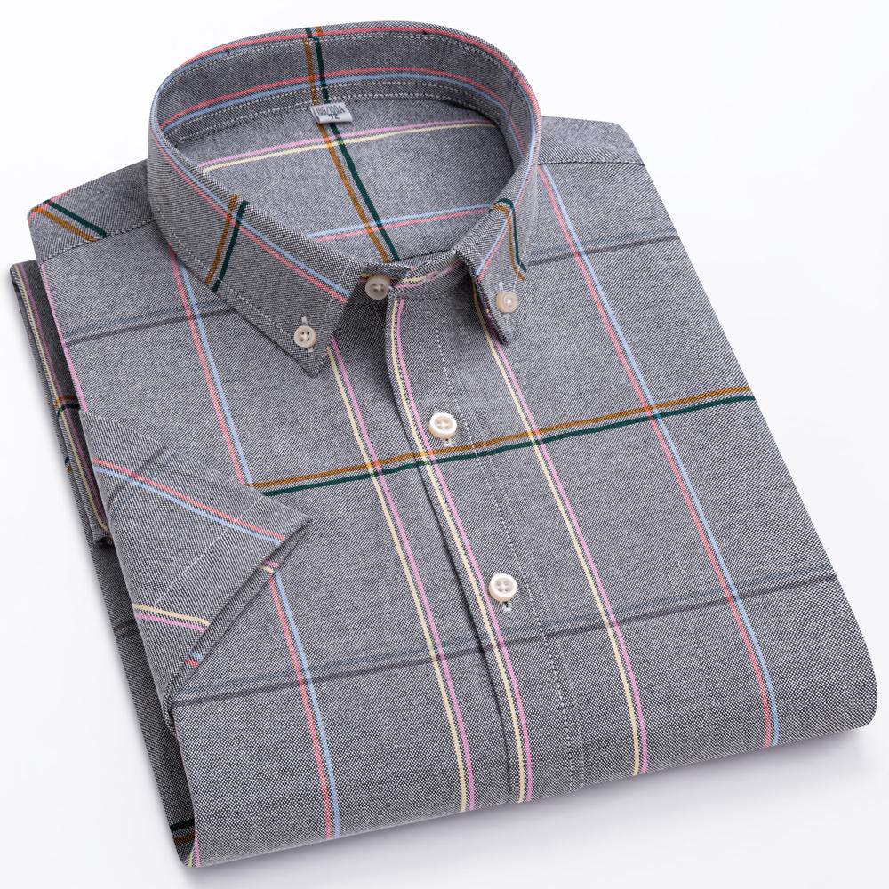 Мужская модная универсальная оксфордская рубашка с коротким рукавом с одним нагрудным карманом, удобные повседневные рубашки из чистого хлопка в клетку в полоску