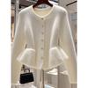 Temperament Goddess Fan French Round Neck Waist Ruffle Long Sleeve Sweet Knitted Cardigan for Autumn/Winter.