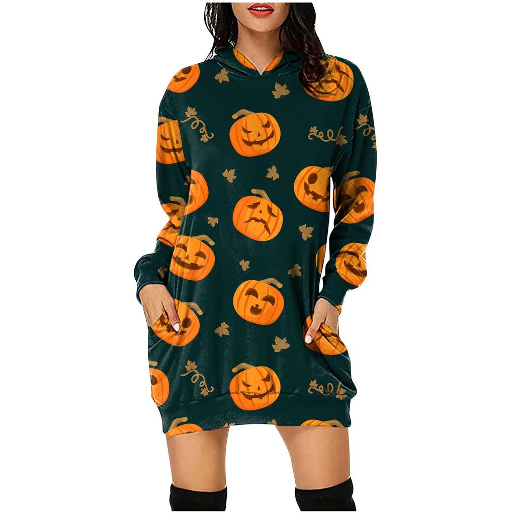 Women's Halloween  Printed Long Sleeve Hooded Pullover Dress Tops