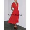 Summer New Product Women's Clothes Cotton Blend V Neck Short Sleeve Pleated Trim Midi Skirt Dress 2965260 2965278