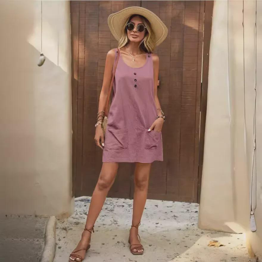Платье в европейском и американском стиле из хлопка и льна, однотонное, без рукавов, с карманами, на подтяжках и регулируемыми бретелями на пуговицах