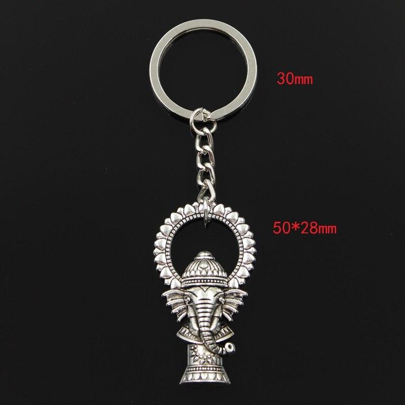 Fashion 30mm Key Ring Metal Key Chain Keychain Jewelry Antique Bronze Ganesha Elephant Buddha 50x28mm Pendant