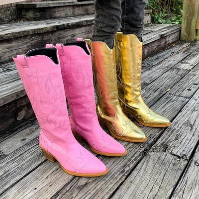 Зимние женские модные остроносые вышитые ковбойские сапоги в стиле вестерн, сапоги до середины голени в стиле ретро-рыцаря, большие размеры