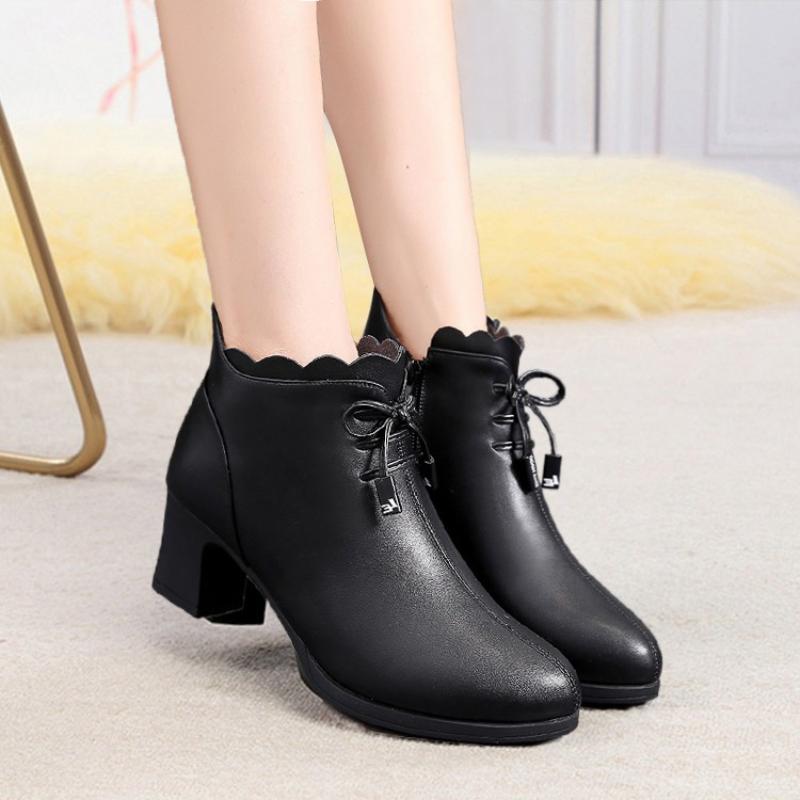 Женские ботильоны осень-зима теплые ботинки черные кожаные туфли женские 2024 новые туфли на молнии с квадратным каблуком Zapatos De Mujer