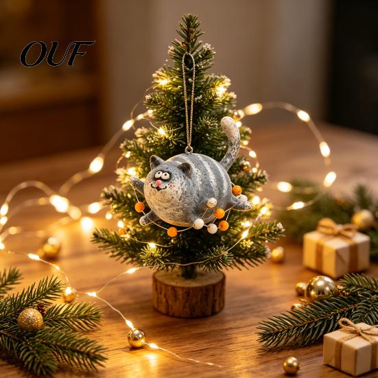 Christmas Tree Hanging Decoration Flying Chubby Cat Ornament, Vintage 2D Acrylic Kitten Pendant with Blue Style Decor Stripe Design, Cute Car