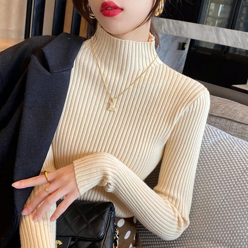 Твердые тонкие свитера, женские вязаные пуловеры, верхняя одежда с высоким воротом и длинными рукавами, джемперы