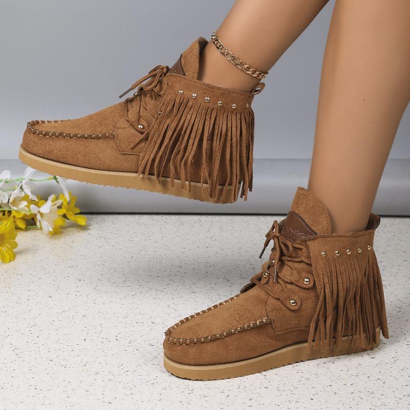 Женские ботинки 2024 года, новые короткие ботинки с кисточками и шнуровкой, с заклепками, с плоской подошвой, с кисточками, удобные нескользящие женские ботинки Chelsea Botas Mujer