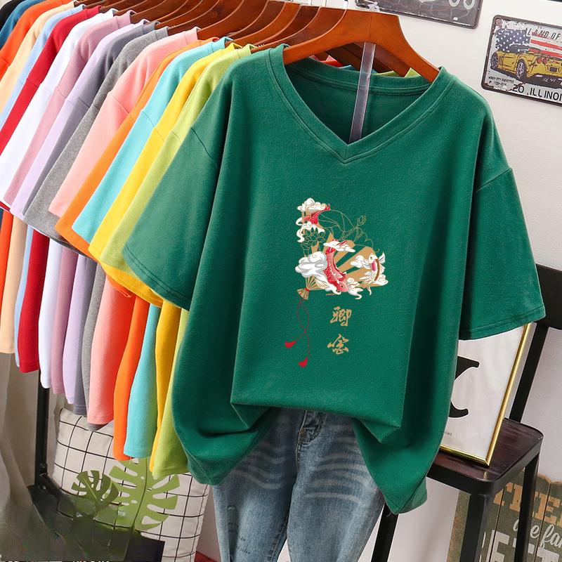 Футболка с коротким рукавом, Свободного кроя, Приталенный топ с V-образным вырезом с принтом для женщин