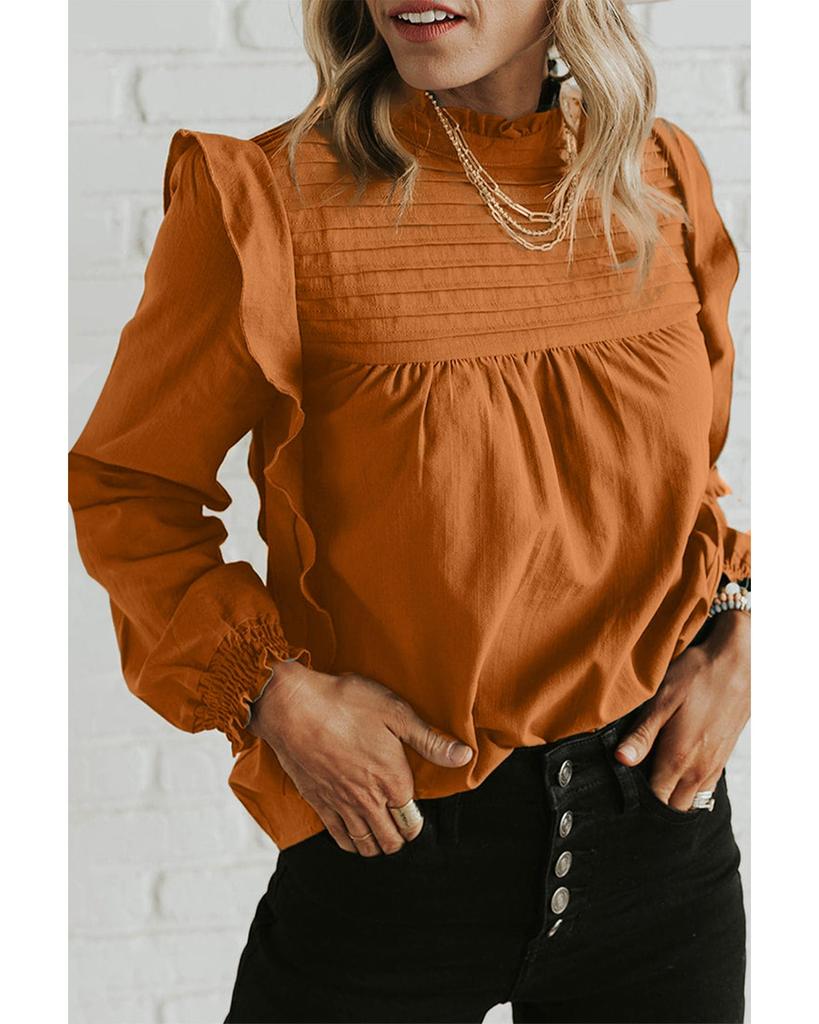 Azura Exchange Блузка Camel Solid Color Stand Neck с оборками и рукавами-фонариками