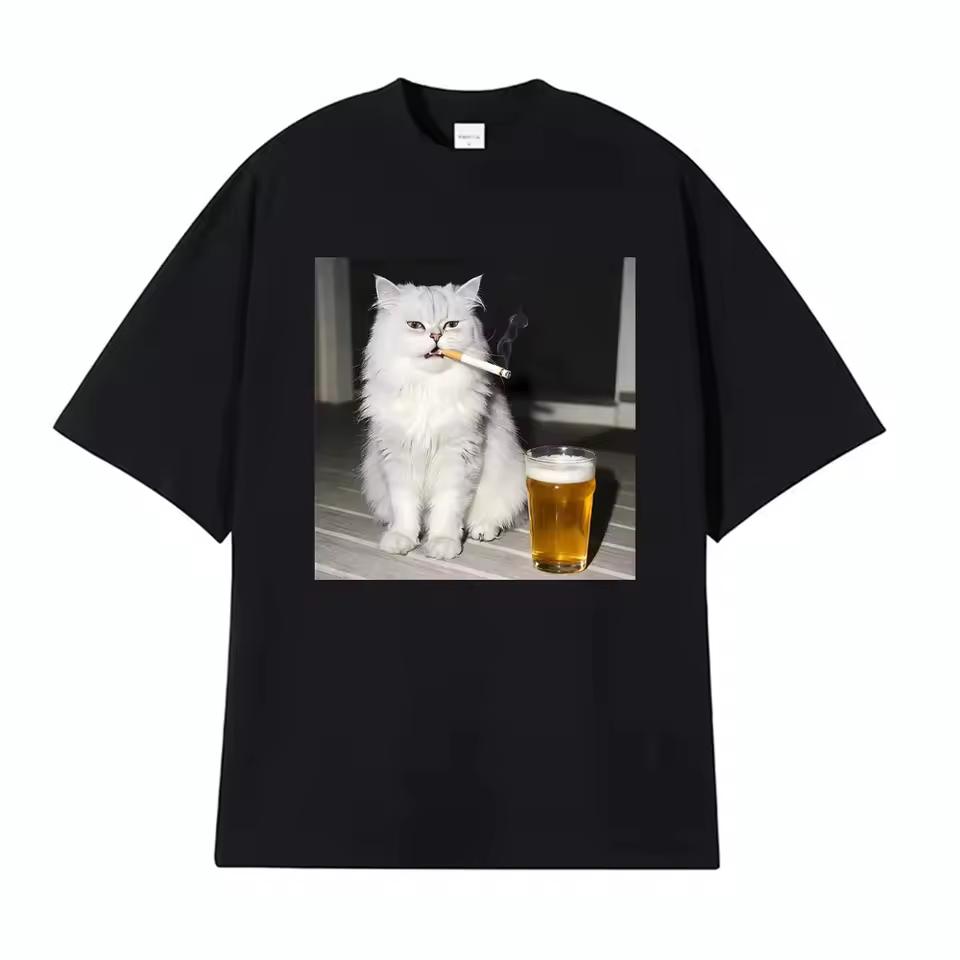 Funny Persian Cat Smoking and Drinking Beer Vintage T-shirts Women Casual T Shirt Fashion Cool Short Sleeve T-shirt