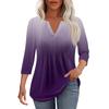 Women's Fashionable Casual Pleated  V Neck Solid Color Seven Quarter Sleeve T-shirt Top