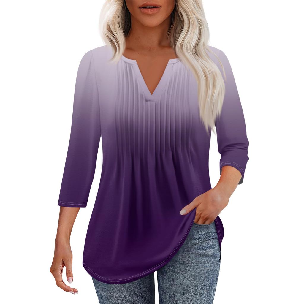 Women's Fashionable Casual Pleated V Neck Solid Color Seven Quarter Sleeve T-shirt Top