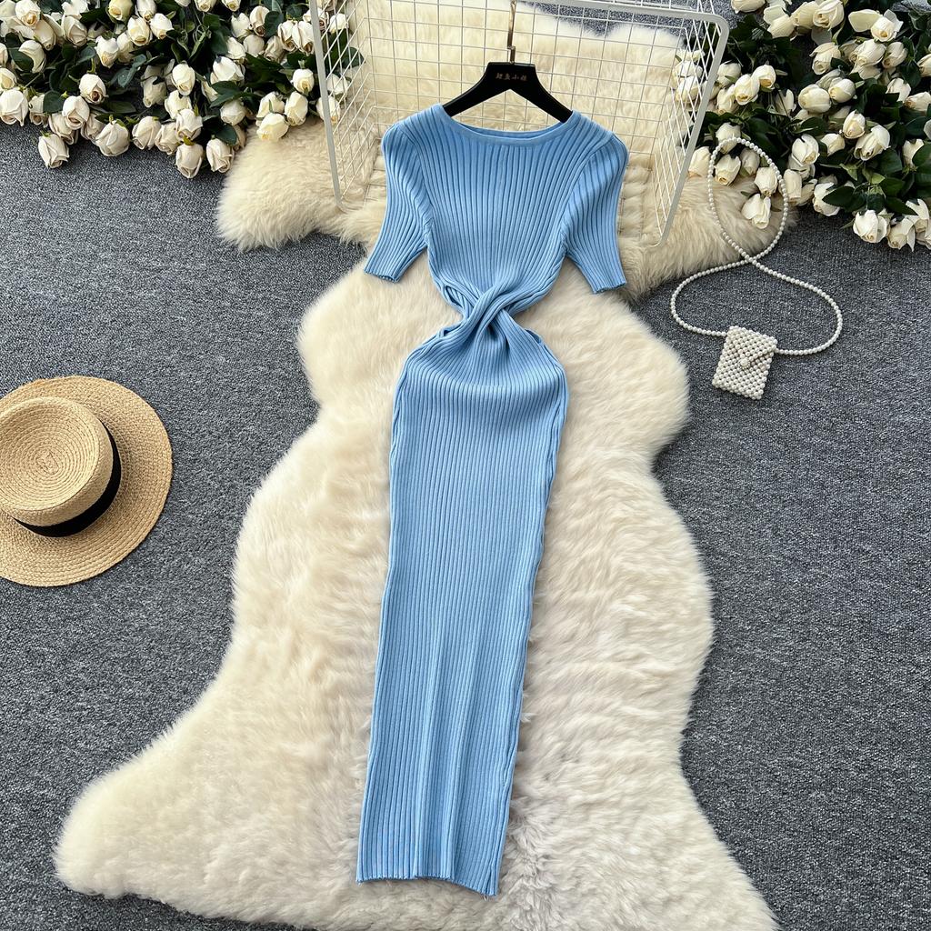 RUGOD сексуальное ажурное трикотажное платье 2025 года, облегающее, с коротким рукавом, с круглым вырезом, французское женское нежное облегающее длинное платье