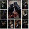 Gothic Romantic Raven Vintage Poster Victorian Animal Portrait Wolf Cat Bat Crowcanvas Painting Wall Art Living Room Home Decor