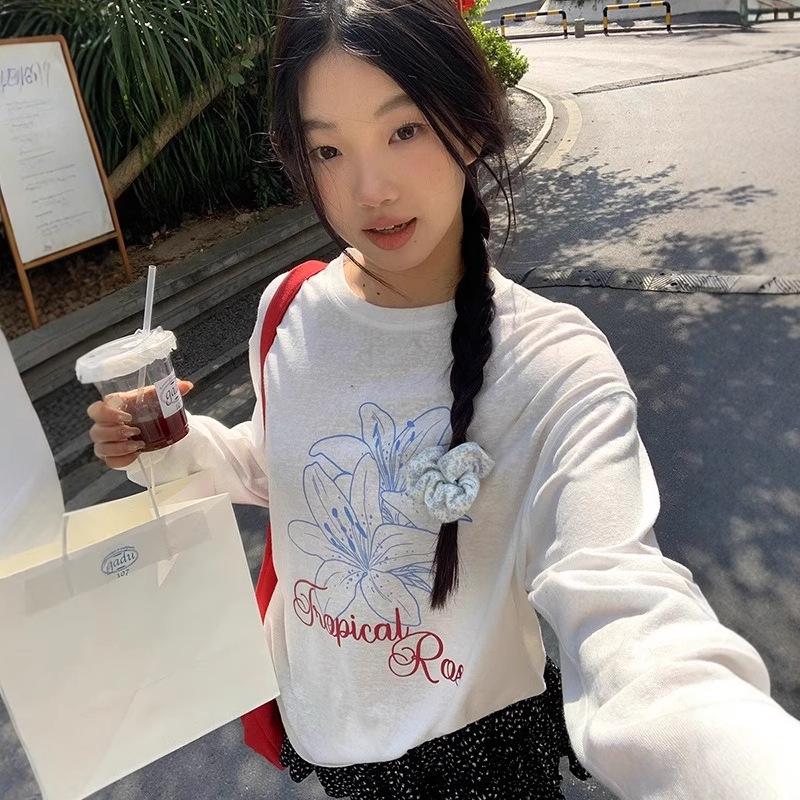 Женская повседневная футболка с длинным рукавом и круглым вырезом с принтом - Приталенная, Защита от солнца, Свободный крой, Белая летняя накидка.