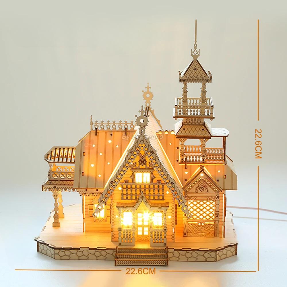 1PC 3D Wooden Puzzle Villa House Royal Castle with Light Assembly Toy Kid Adult DIY Model Kits Desk Decoration for Gift