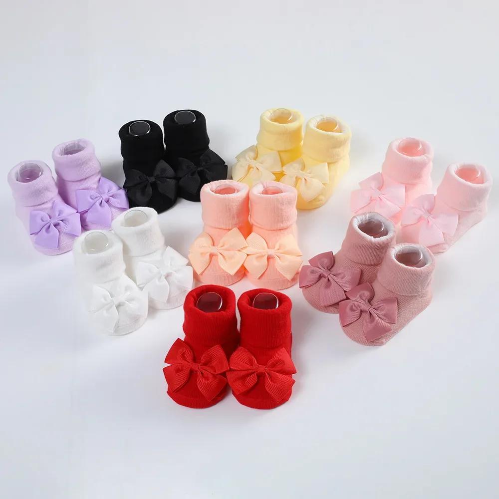 Хлопковые носки для новорожденных и набор повязок для волос, повязка на голову с бантом из ленты для маленьких девочек, дышащие носки, детские аксессуары