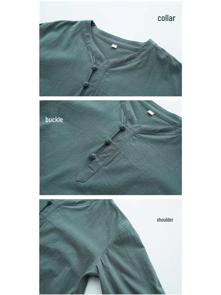 Мужской летний хлопково-льняной комплект в китайском стиле с застежками-лягушками и рукавами три четверти