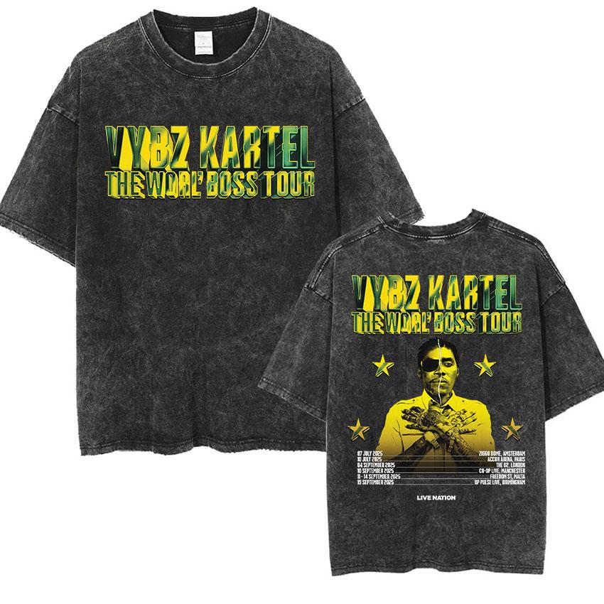 Rapper Vybz Kartel Tour Album T Shirts Mens Fashion High Quality Cotton Tshirt Vintage Washed Short Sleeve Tees Streetwear