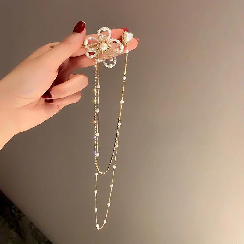 One-Piece Cartilage Clip Ear Love Heart and Flower Shape Hairpin Long Dangle Earrings for Women Fashionable Styling Accessories