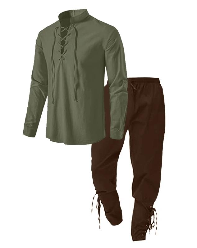 2Pcs Retro Vintage Medieval Renaissance Cosplay Costume Outfits Pirate Viking Halloween Casual Daily LARP Ren Faire Shirt Pants