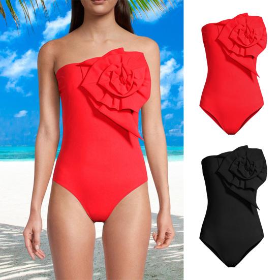 Женский монокини бандо без рукавов с 3D цветочным декором, цельный купальник однотонный, с открытой спиной, быстросохнущий