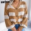 Women's Fashion Casual Plaid Print Autumn Winter Long Sleeve V-Neck Loose Color Contrast Lantern Sleeve Cardigan Sweater Coat