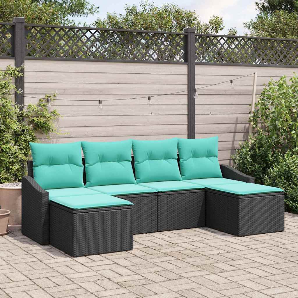 6 Piece Sofa Set with Cushions Black Poly Rattan