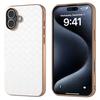 For iPhone 16 Plus Case Woven Texture Electroplating Edge Leather Coated PC+TPU Phone Cover