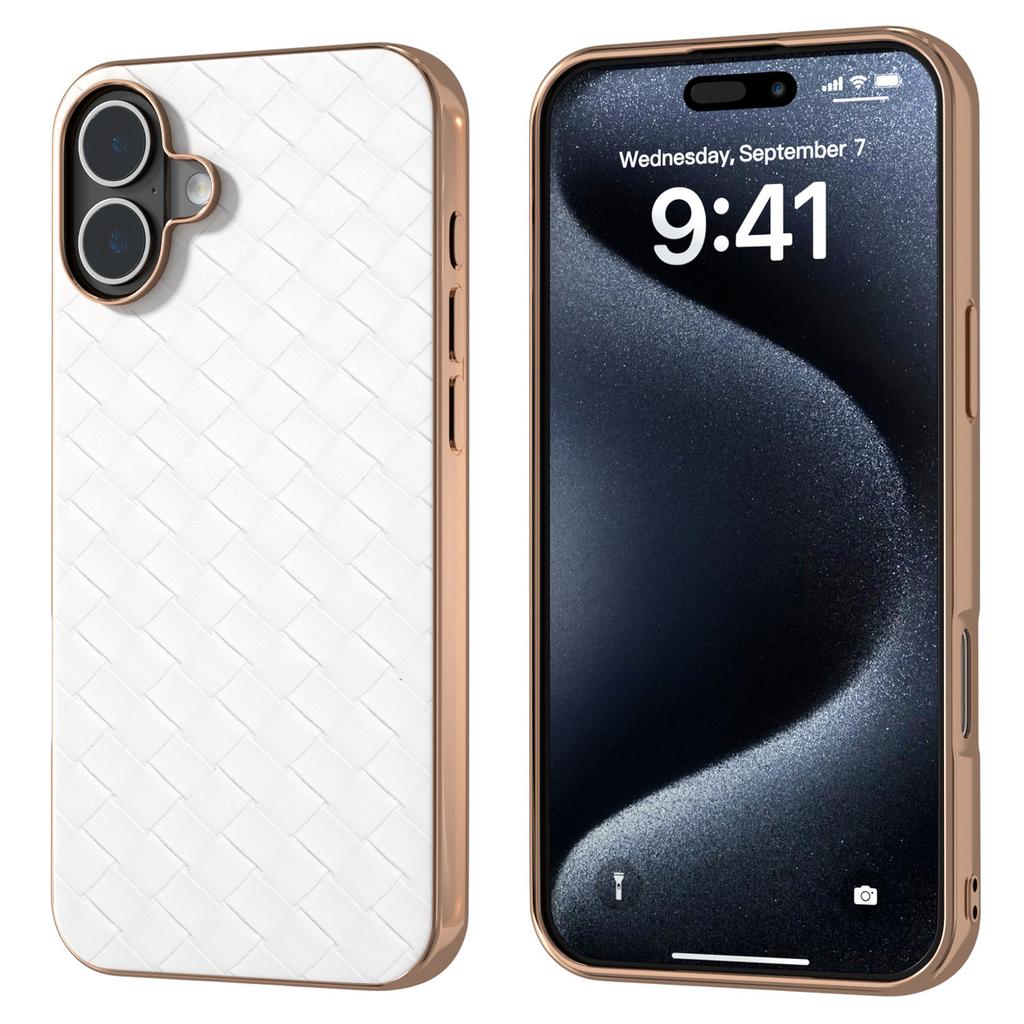 For iPhone 16 Plus Case Woven Texture Electroplating Edge Leather Coated PC+TPU Phone Cover