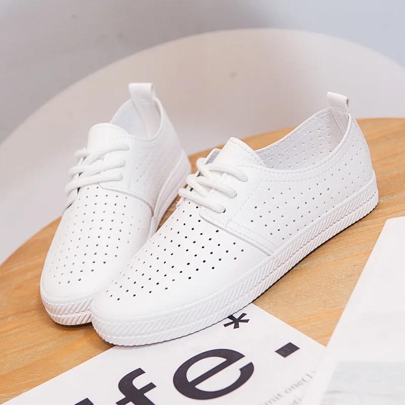 Fashion Womens Vulcanized Shoes Cut Out PU Leather Oxfords Flat Shoes Ladies Breathable White Shoes Mesh Running Sneaker Ballet Loafers