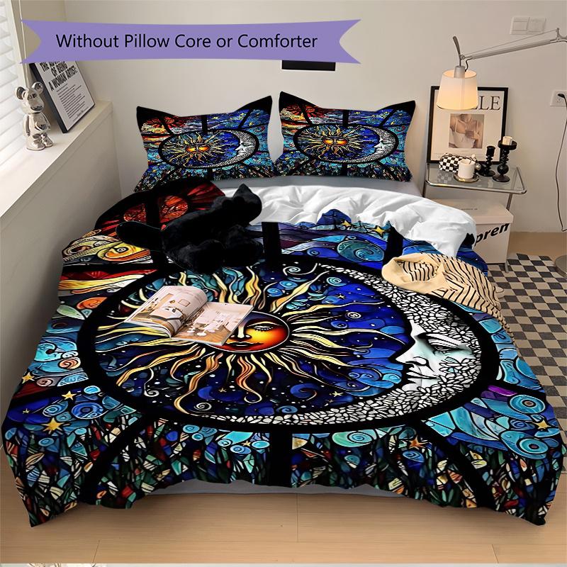 3pcs Anime Cartoon Design Stained Glass Window Panel, Includes One Quilt Cover and Two Pillowcases (No Core), Festive Gift