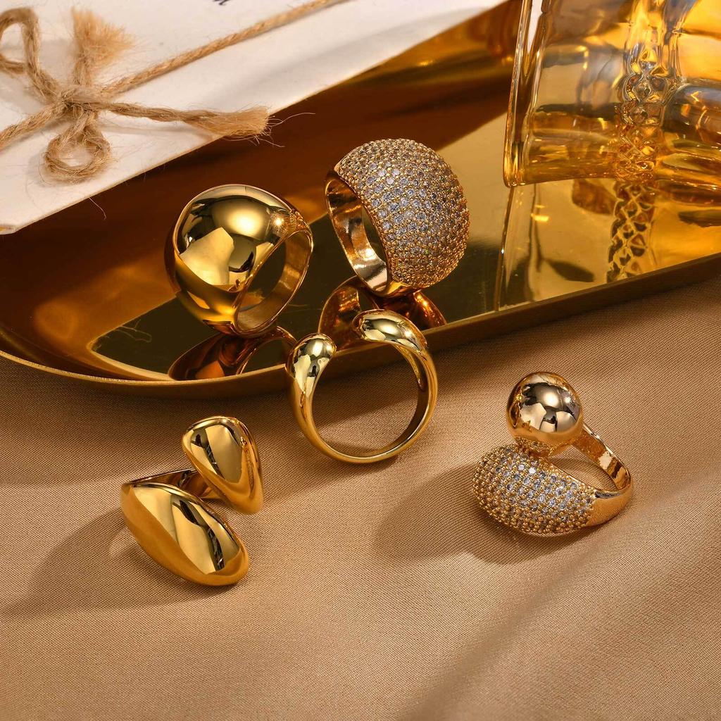 Vnox Waterdrop Ends Ring for Women Girls, Glossy Semi Round Gold Plated Metal Finger Band, Stackbale Fashion Rings