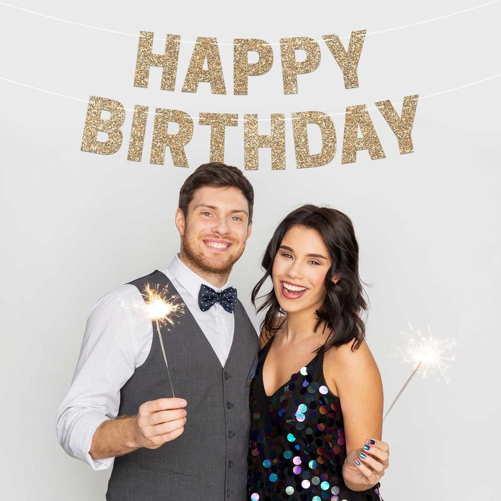Pre-strung Happy Birthday Banner - No DIY - Gold Glitter Birthday Party Banner for Men & Women - Pre-strung Garland on 8 ft Strands - Gold Bday Party