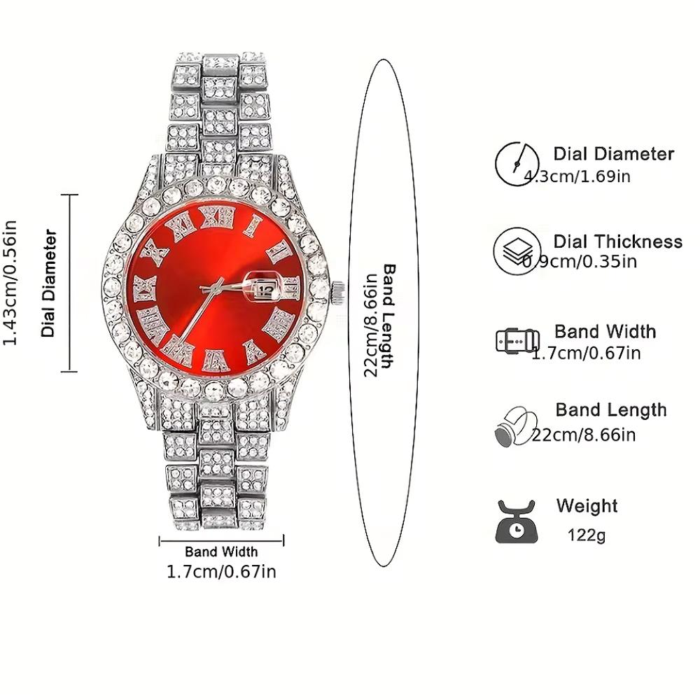 Hip Hop 3pcs Cuban Chain Watch for Men Miami Curb Iced Out Paved Rhinestones Rapper Cuban Necklace Suit Watch Bracelet Jewelry