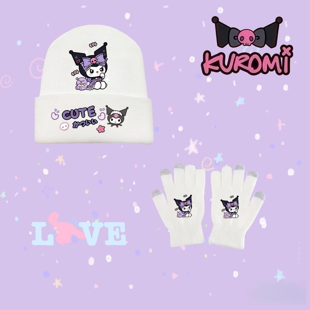 Набор: Теплая и стильная вязаная шапка и перчатки Sanrio Kuromi для подростков