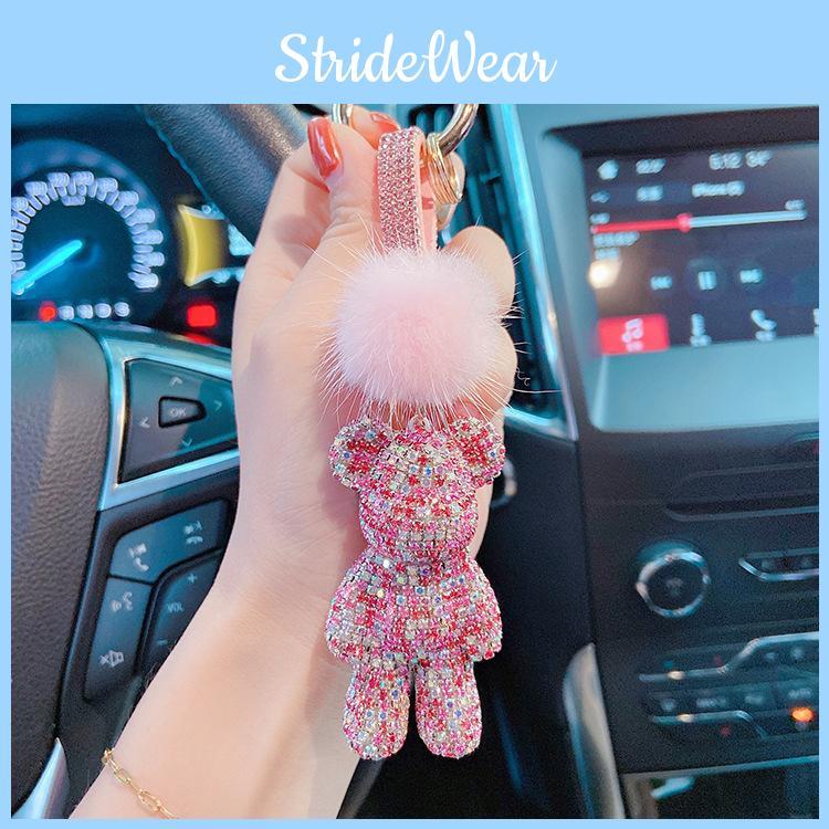 Crystal Fur Full Diamond Violent Bear Car Keychain Stylish Rope Key Ring Bag Pendant For Women