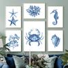 Navy Blue Coral Seaweed Shell Seahorse Lobster Crab Starfish Poster Wall Art Print Canvas Painting Decor Pictures Living Room