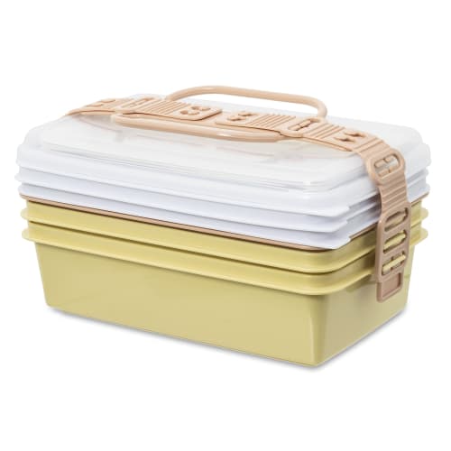 Sanko Plastic Bento Box/Picnic Case with 3 Side Plates, Earth Beige, 116789, Approx. 26.5cm W x 15.5cm D x 22cm H
