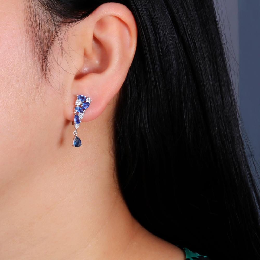 Long Dangling Clasp Silver Earrings with Natural 3.24ct Blue Kyanite Gemstones Fine Jewelry for Women Bolaijewelry